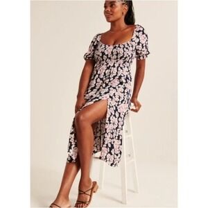 Abercrombie & Fitch Floral Print Smocked Midi Dress Square Neck Medium Navy Pink